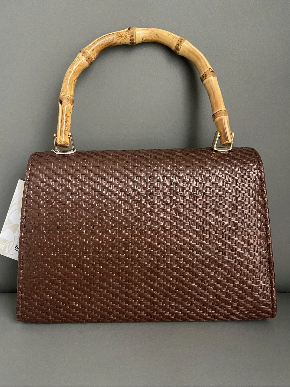 Tommy Bahama Woven Chocolate Brown Handbag  Bamboo Top Handles & GoldChain Strap